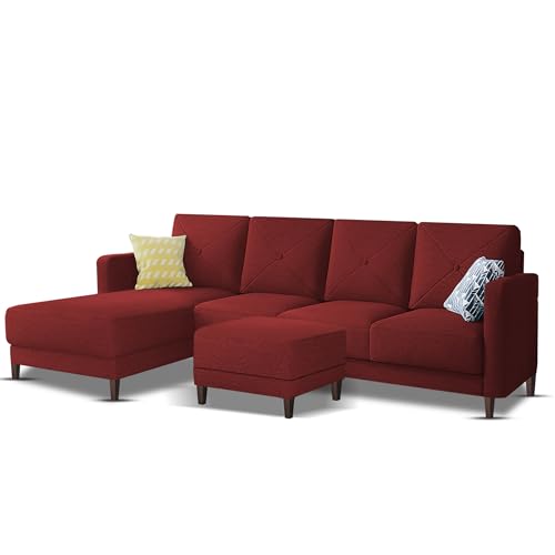 Image of Baloney LHS 6 Seater L Shape Sofa Set with Center Table for Living Room (Maroon Fabric) Premium Fabric Sofa