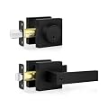 Estmoon Door Locks for Front Door, Matte Black Exterior Door Handle and Single Cylinder Deadbolt Lock, Heavy Duty Modern Square Front Door Handle and Deadbolt Set, Commercial Locks for Doors, 1 Pack