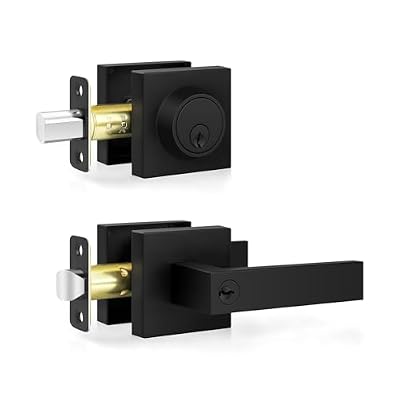 Estmoon Door Locks for Front Door, Matte Black Exterior Door Handle and Single Cylinder Deadbolt Lock, Heavy Duty Modern Square Front Door Handle and Deadbolt Set, Commercial Locks for Doors, 1 Pack