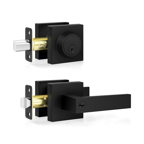 Estmoon Door Locks for Front Door Matte Black Exterior Door Handle and Single Cylinder Deadbolt Lock Heavy Duty Modern Square Front Door Handle and Deadbolt Set Commercial Locks for Doors 1 Pack