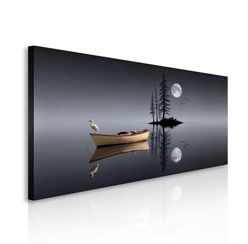 TAILORED CANVASES Modern Minimalist Night Lake Wall Art - Serene Lake Boat Wall Art with Full Moon...