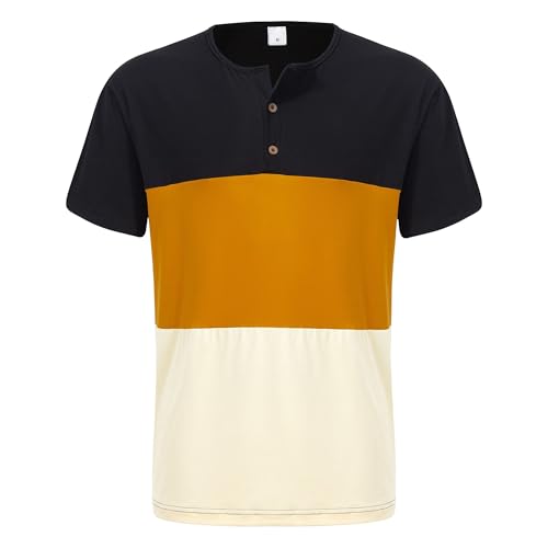 Men Tri-Color Stitching 2 Button T Shirt Slim Lightweight Sport Henry Shirts Summer Casual Exercise Pullover Tops (Style3,X-Large)