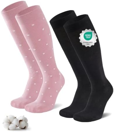 Niofind Kompressionsstrümpfe Damen & Herren, 2/4 Paar, 65% Baumwolle | Kniestrümpfe mit breitem Bündchen, nahtloser Spitze sowie verstärkter Ferse und Spitze; für Reisen, Sport und