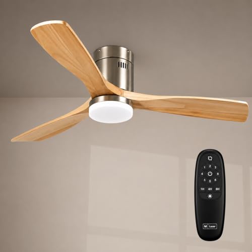 M Ledme - Ventilador De Techo Led Energy 58w Niquel, Mando A Distancia, Motor Dc 40w Luz Led 18w, 6 Velocidades, Silencioso,3 Aspas Madera Natural, 132 Cm, Función Verano-Invierno, Temporizador