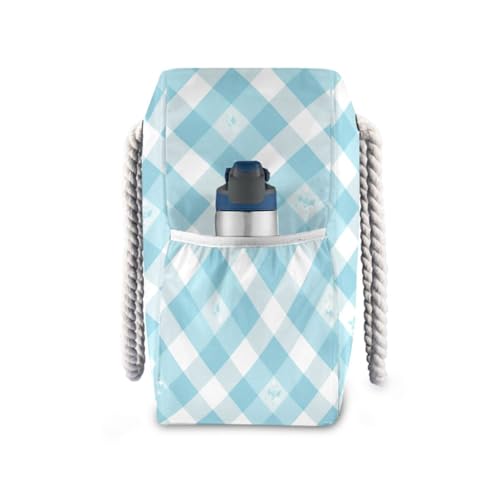JUNZAN Teal Blue Floral Plaid Beach Tote Bag with Handles Swim Pool Bag Beach Totes Bags for Women with Waterproof Pockets4