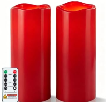 Image of 5plots 4 inchx10 inch Large Waterproof Flameless Candles Red LED Pillar Set of 2 | Battery operated LED candles with remote timer, realistic flicker, ideal design for patio, porch, lanterns & Christmas decor