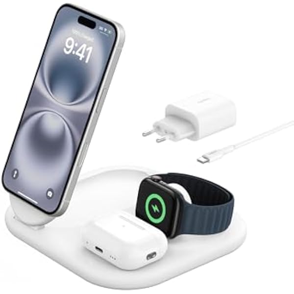 Belkin BoostCharge magnetyczna ładowarka ze składaną podstawką 3 w 1 z Qi2 15 W szybka ładowarka zgodna z MagSafe do urządzeń Apple iPhone 16 15 14 Apple Watch AirPods zasilacz w zestawie biała