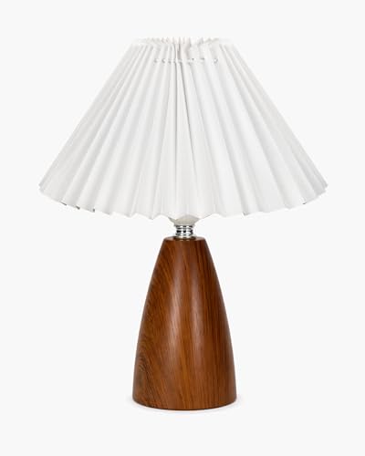 Image of Homesake Wood Grain Pattern Small Table Lamp, Desk Light, Wooden Bedroom Lamps for Nightstand, Scalloped Lamp Shade Table Lamps Small Spaces, Bedroom, Living Room, Taper Cone, (Pleated White)