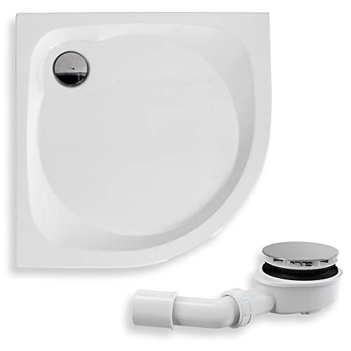 KOLMAN Duschwanne 80x80x5 cm Viertelkreis, Weiß, Acryl, Glatt, SET ohne Verkleidung + Ablaufgarnitur Ø 90 mm und Füße, Design-Duschtasse Halbrund N-Stil