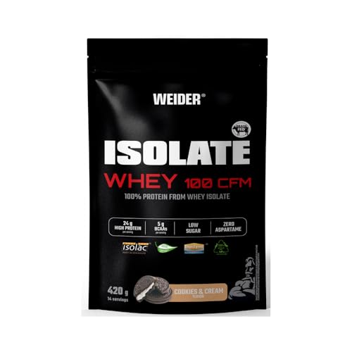 Weider Isolate Whey 100CFM (420g) Sabor Cookies&Cream. 100% Aislado de Proteína de Suero de Leche, 24g Proteína/porción, Con Enzimas, Bajo en Azúcar, Sin Aspartamo, Bajo en Grasa