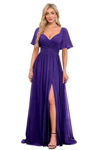 Image of Women's Flutter Sleeves Chiffon Bridesmaid Dresses with Slit Long A Line V-Neck Formal Party Dress with Pockets