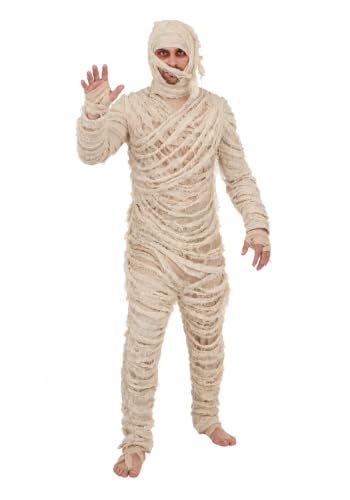 Men's Mummy Halloween Costume | Adult Classic Horror Theme with Bodysuit with Attached Head Wrap and Bandage Strip Medium