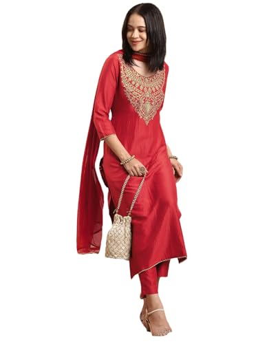 Image of GoSriKi Women's Rayon Viscose Embroidered Straight Kurta with Pant & Dupatta