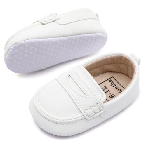 Moceen Infant Baby Boys Loafers Soft Sole PU Leather Toddler Moccasins Girls First Walking Crib Dress Shoes 12-18 Months, White, M101