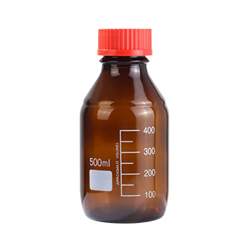 Pastein 8 Pieces 500ml Amber Glass Graduated Round Lab Reagent Media/Storage Bottle With GL45 Red Screw Cap