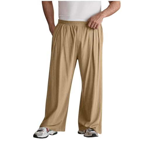 Linen Pants Men Wide Leg Lightweight Casual Summer Beach Pants Baggy Elastic Waist Yoga Vacation Trousers with Pocket