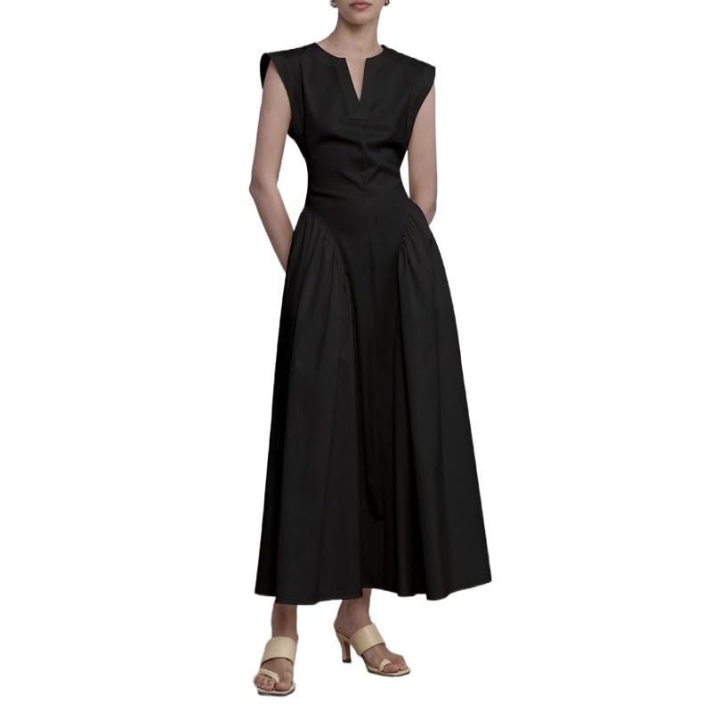 EVMILA Summer Ladies Dress Sleeveless Waist Slim Skirt Niche Design Sense (Color : Black, Size : Medium)