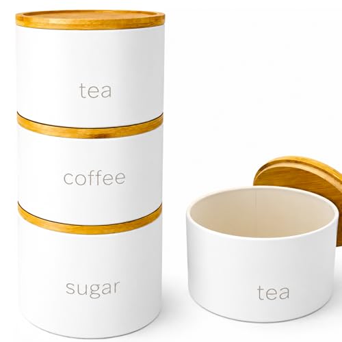 SAFRI 3 Pieces Jar with Wooden Lid Tea Coffee Sugar Canister Storage Container Bowl Pots Kitchen Storage Tins (White)