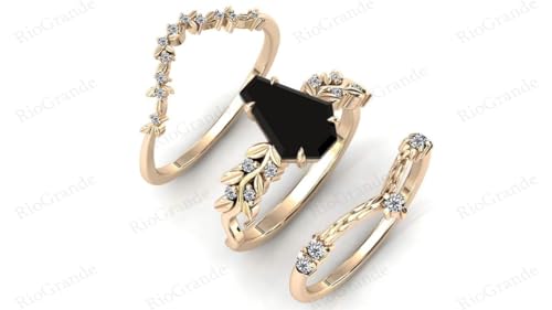 Generic Vine Leaf Vintage 1 CT Coffin Shaped Black Onyx Engagement Ring Set Yellow Rose White Gold Art Deco Black Onyx Wedding Ring Set Bridal Anniversary Ring Set Antique Unique Promise Rings Sets2