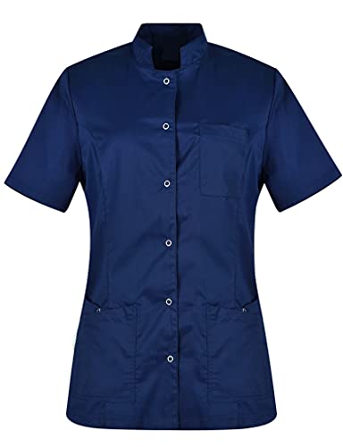 B-well Lisa Kasack mit Knopfen Schlupfkasack Damen Schlupfjacke Kurzarm 3 Taschen und verdeckter Befestigung mit Druckknöpfen (36, Blau) – Bild 5