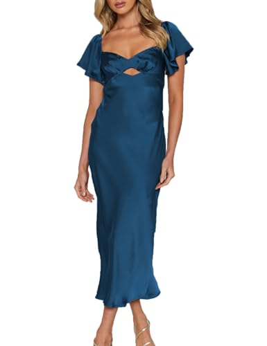 Image of Summer Satin Flutter Sleeve Wedding Guest Dresses for Women Sweetheart Neckline Cutout Tie Back Midi Cocktail Dress