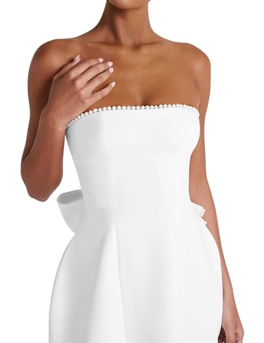 Image of Women's Summer Sexy Strapless A-Line Sleeveless Mini Dress Off The Shoulder Backless Cute Pearl Bow Dress