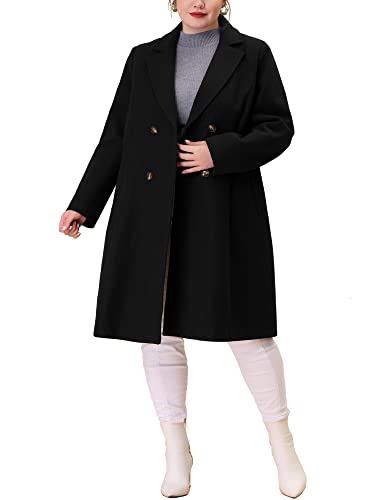 Agnes Orinda Plus Size Long Coats for Women Notched Lapel Winter Warm Double Breasted Coat 2X Black