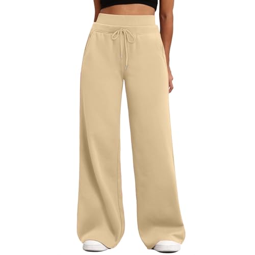 Womens Sweatpants Casual Wide Leg Baggy Y2K Pants High Waisted Drawstring Palazzo Joggers Fashion Outfits Clothes with Pockets 2025 Trousers Athletic Straight Flared Joggers with Pockets Beige