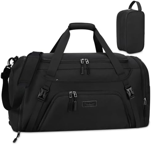 Gym Duffle Bag for Women Men Waterproof Sports Bags Travel Duffel Bags with Shoe Compartment,Wet Pocket Large Weekender Overnight Bag with Toiletry Bag, Black, 50L