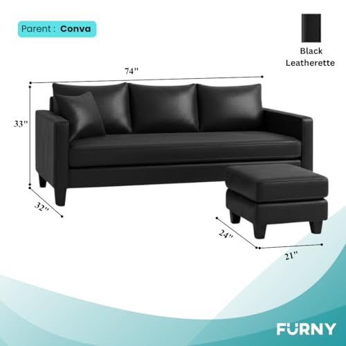 Image of FURNY Conva 4 Seater L Shape Sofa Set with Movable Ottoman | Flexible Left or Right Layout | Premium Leatherette Upholstery (Black) | Perfect for Living Room, Guest Room & Office