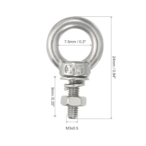 Image of uxcell M3x9 1 /8 inch x7 /20 Stainless Steel Eye Bolts Threaded Screw Eyebolt Shoulder Ring with Nuts Washers for Lifting Hanging, 10 Set