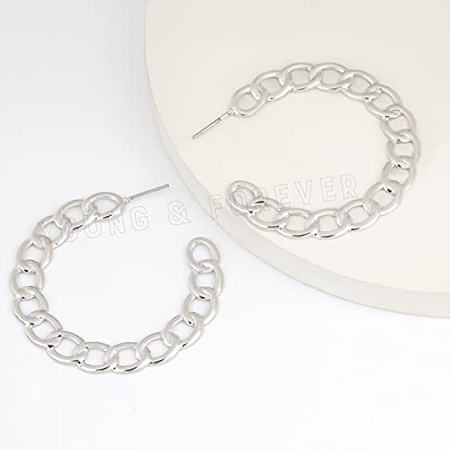 Image of Young & Forever Gift Stainless Steel Curb Chain Hoop Earrings for Women Big Hoop Dangle Earring for Women Circle Earrings Thin Geometric Hoop Earrings