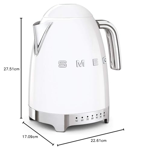 Smeg, Bouilloire à Température Variable KLF04WHEU 1,7 L, Plusieurs Température, Filtre Anticalcaire Lavable, Arrêt Automatique de Sécurité, Indicateur de Niveau d'Eau, Range Câble, 2400W, Blanc