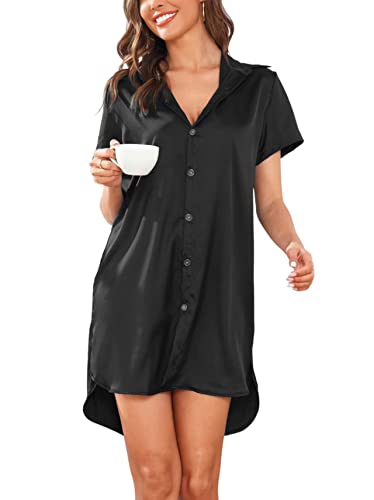 Image of Women's Nightgowns & Sleepshirts Silk Sleepwear Button Up Nightshirt Short Sleeve Satin Pajama Dress Black
