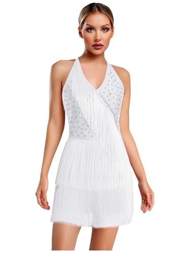 Jhaoyu Mono de mujer con borla, cuello halter latino con flecos, espalda descubierta, body de gimnasia, maillot de gimnasia jazz cha cha, samba, salsa, disfraz de danza, Blanco, XL