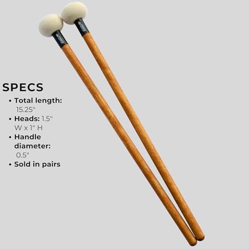Timber Drum Co. Timpani Mallets, Medium Felt –– Sticks for Drum Set, Cymbal Roll, Percussion –– Birch Wood Handles 15.25\"