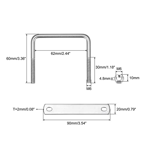 sourcing map 2 Sätze Quadratische U Bolzen 62mm(2.44) Innenbreite 60mm Länge M6 304 Edelstahl U Klemmschraube mit Mutter und Platte für Bootsanhänger