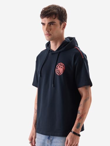 Image of The Souled Store Official House of The Dragon: Caraxes Men and Boys Navy and Red Graphic Print Short Sleeve Hooded Neck 100% Cotton Oversized Fit T-Shirts Hoodies Sweatshirts Pullovers Fleece