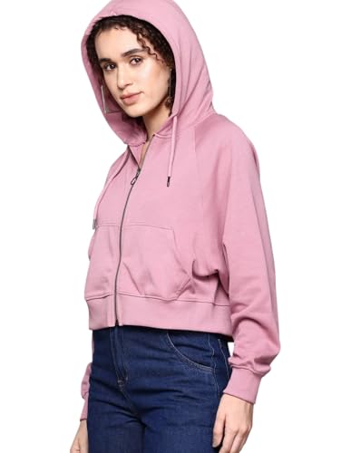 Image of Rabboni Women's Crop Fleece Hoodie Jacket | Full Sleeve Zip-Up Hooded Sweatshirt for Women & Girls | Soft Warm Casual Winter Wear Crop Hoodie