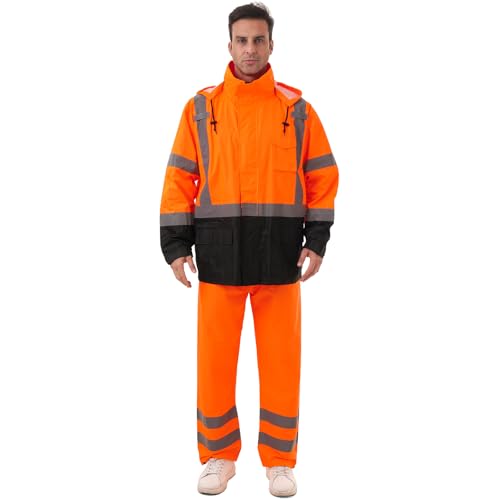 Image of Hi Vis Safety rain Jacket,Reflective Class 3 Rain coat with Inner Mesh Lining and Pockets High Visibility Waterproof work Rain Suits for men&women(Tangerine,4XL /5XL)