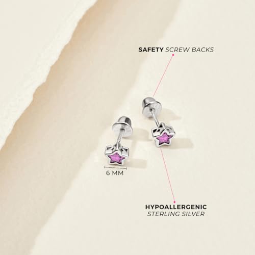 In Season Jewelry CZ Star Birthstone Bezel Kids Earrings - 925 Sterling Silver Hypoallergenic Earrings for Girls with Secure Screw Backs - Safe & Comfortable for Toddlers & Little Girls - October by In Season Jewelry - Image 4