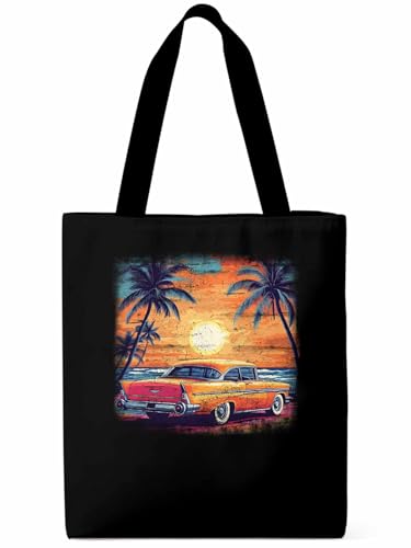 Canvas Tote Bag, Beach Palm Tree Car Sunset Orange Sky Aesthetic Canvas Tote Handbags for Women Shoulder Bag,