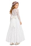 Kids Flower Girl Fancy Ivory White Lace Boho Long Sleeve Full Length Slim Maxi Princess Dresses