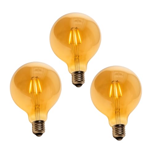 Jandei - 3 x Bombilla LED Globo, Rosca E27 Edison con filamento de 5W, Vintage, Acabado Cristal ámbar, 2700K, Decorativa, Elegante, No Regulable, Dimensiones: 12,5 cm x18 cm