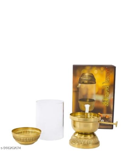 Image of K.N Creation Brass Akhand Jyoti Diya Oil Lamp with Adjustable Bati Knob | Lifting Screw Wick Holder for Puja | Borosilicate Glass Cover (Small- Oil Capacity 80 ML) Stay Lit for 20 Hours
