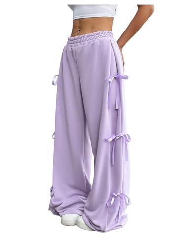 Verdusa Womens Baggy Sweatpants Elastic Waist Casual Bow Wide Leg Pants with Pocket Y2K Going Out Mauve Purple Small