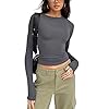 HodJIU Crop t-shirt met lange mouwen voor dames, effen stretchtop met ronde hals, casual, basisstuk, getailleerde t…