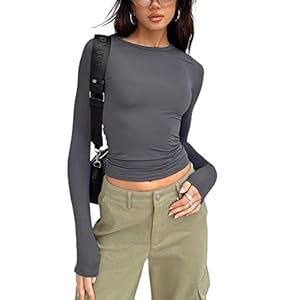 HodJIU Crop t-shirt met lange mouwen voor dames, effen stretchtop met ronde hals, casual, basisstuk, getailleerde t…