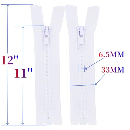 Image of MebuZip 2PCS #5 11 Inch Separating Jacket Zippers Resin Zipper Molded Plastic Zippers Bulk for Sewing Coat Jackets Clothes (White)