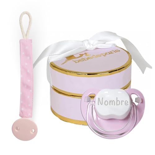 Chupete Personalizado 0 a 6 Meses con Nombre | Cadena Chupete Bebe | Regalo Bebe Recien Nacido Niña | Tetina de Silicona Sin BPA | Suave Cómodo y Seguro | Caja Regalo de Lujo (Rosa) | BebeDeParis